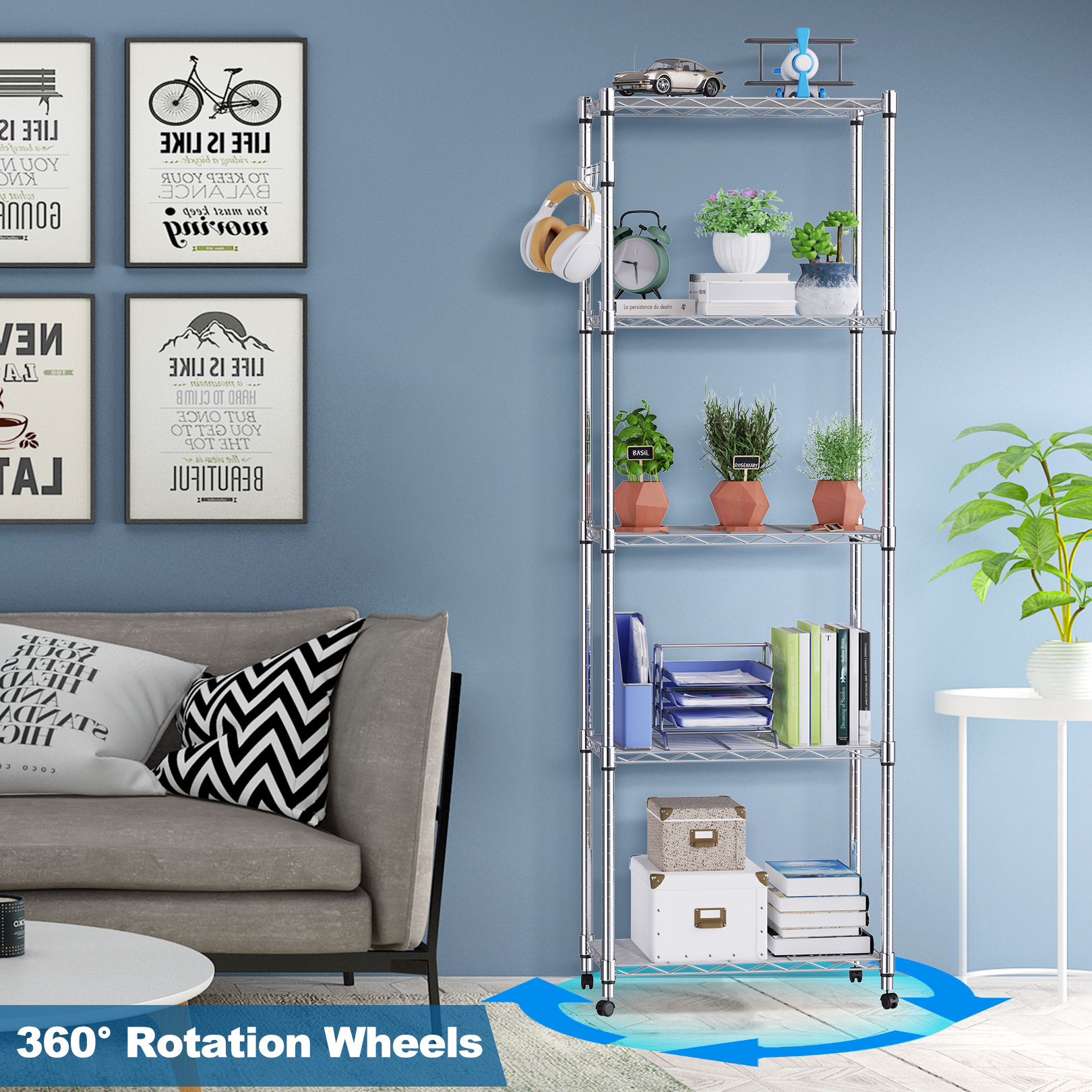 BATHWA 5 Tier Metal Wire Shelving Unit on Wheels,Chrome Shelves for